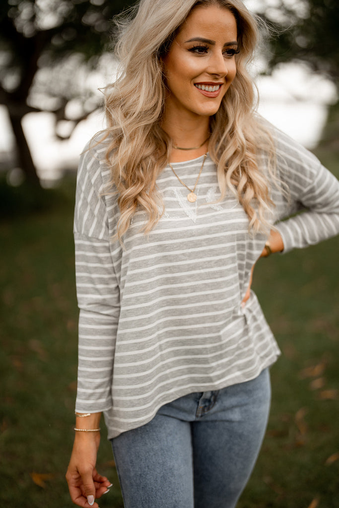 AVE LONG SLEEVE TEE - GREY WITH WHITE STRIPES